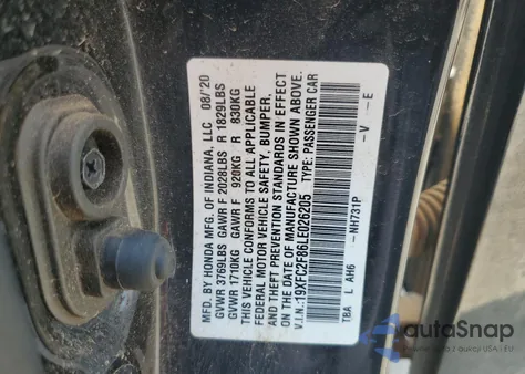 2020 Honda Civic Sport из США, поврежденный, VIN 19XFC2F86LE026205